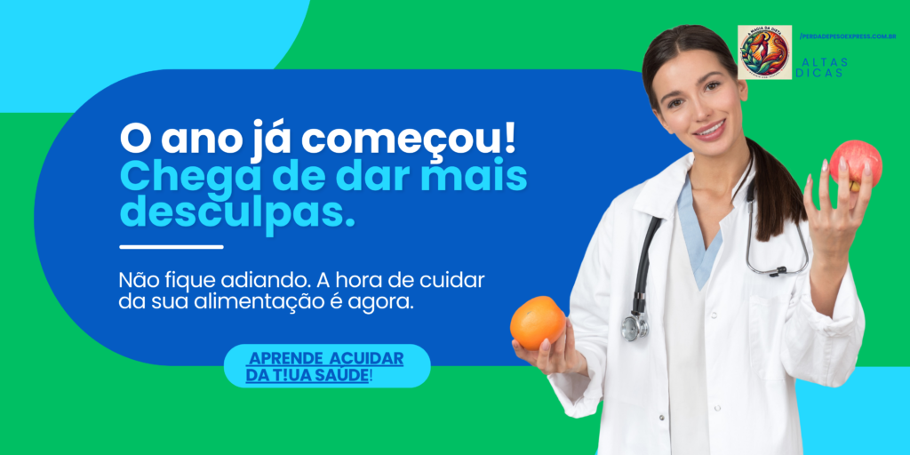 Mulher médica sorridente segura uma maçã e uma laranja, incentivando hábitos saudáveis no início do ano, com mensagem motivacional sobre alimentação.
