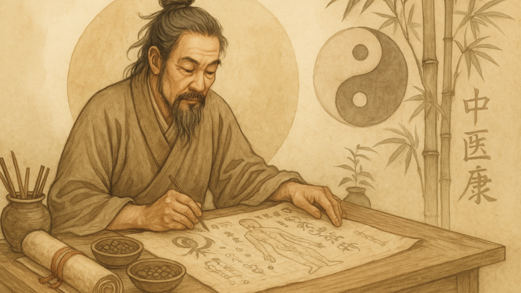 Mestre chinês estudando rolos antigos, simbolizando o conhecimento tradicional aplicado à saúde integrativa.