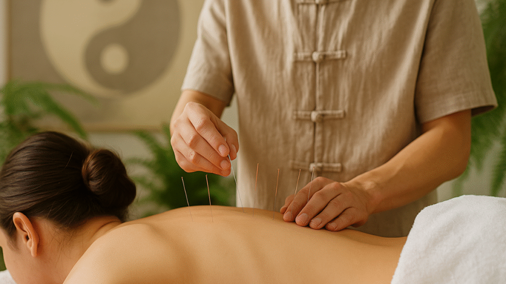 Acupunturista aplicando agulhas para demonstrar o poder da medicina chinesa no fluxo de energia vital.