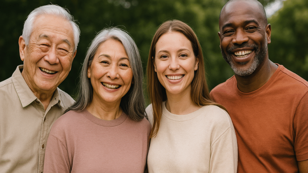 Pessoas sorridentes representando o poder da medicina chinesa aplicado ao cotidiano com equilíbrio físico e mental.
