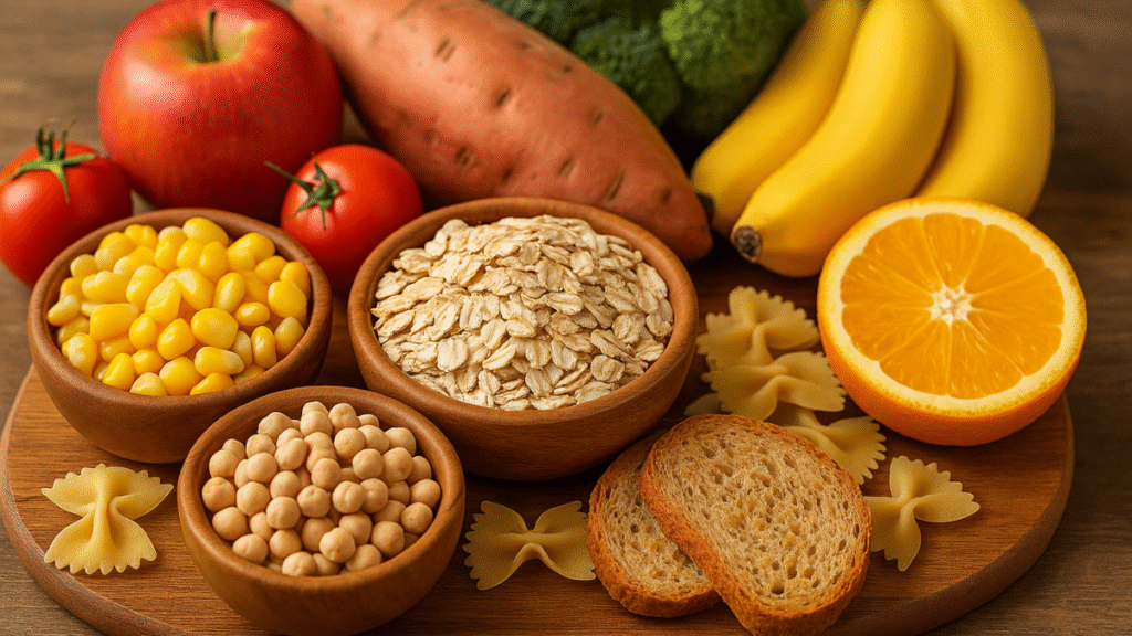Alimentos com carboidratos saudáveis sobre uma mesa de madeira
