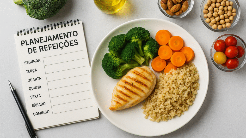 Agenda e alimentos saudáveis organizados para planejamento de refeições