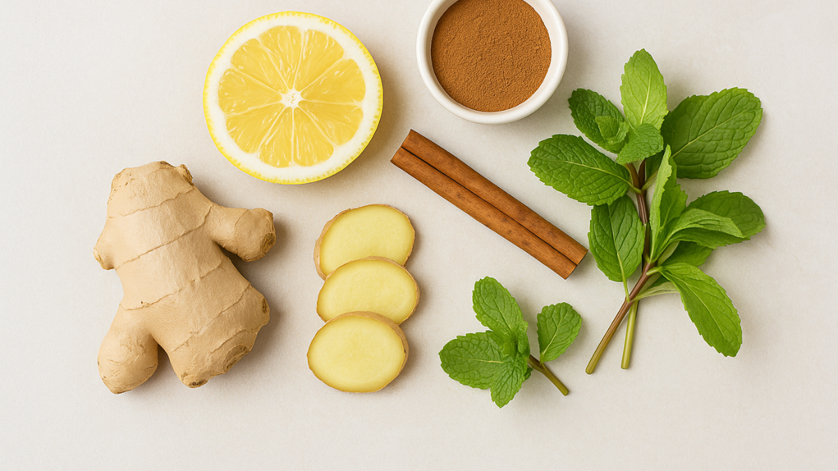 Ingredientes frescos para água detox com canela, gengibre, limão, hortelã e canela em pó sobre fundo claro.