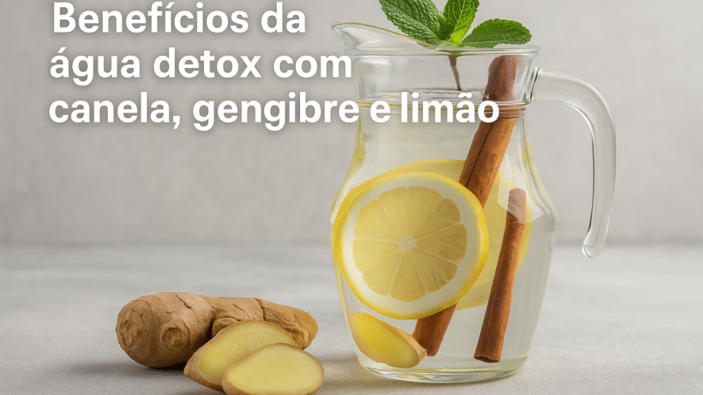 Jarra de vidro com água detox com canela, gengibre e limão, decorada com hortelã e acompanhada de gengibre fresco sobre fundo neutro.