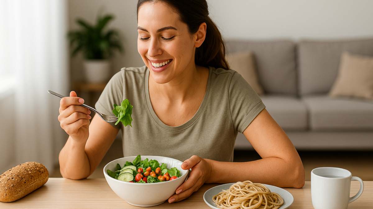 Mulher sorrindo enquanto come uma salada saudável com carboidratos bons