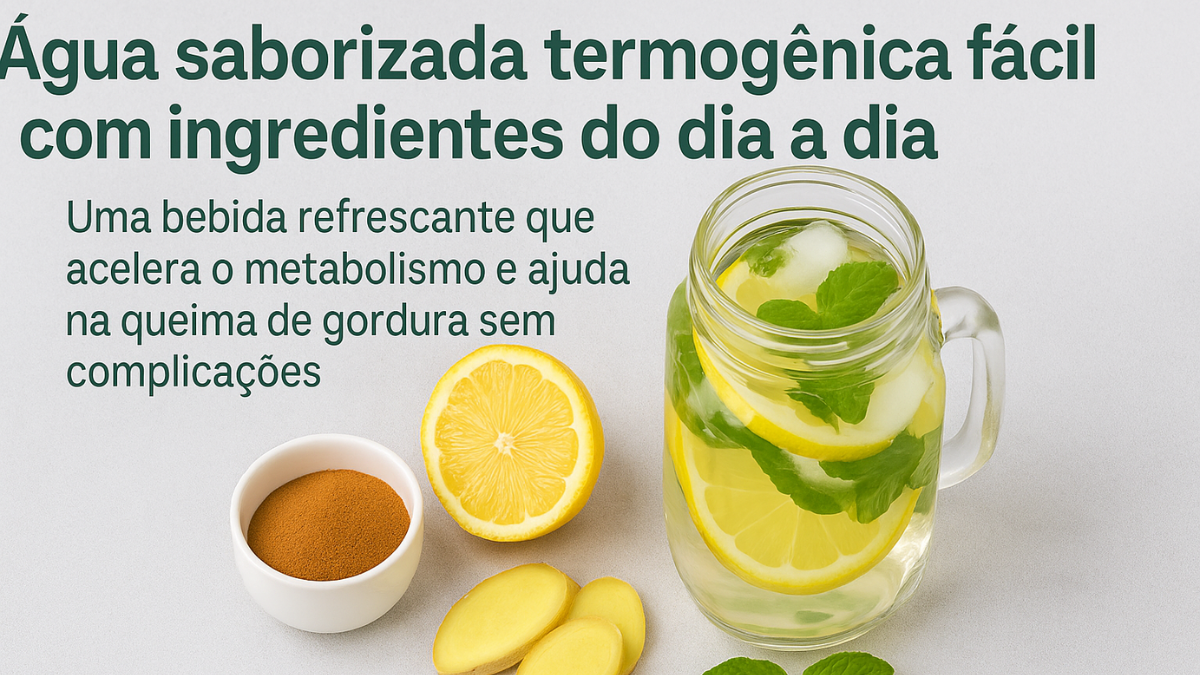Copo de vidro com água saborizada termogênica de limão, gengibre e hortelã ao lado de ingredientes naturais sobre fundo claro.