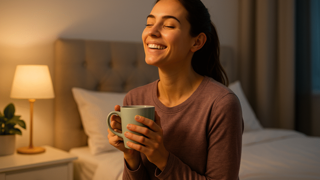 Mulher sorrindo em ambiente noturno aconchegante, segurando uma caneca de chá ao lado da cama arrumada com iluminação suave.