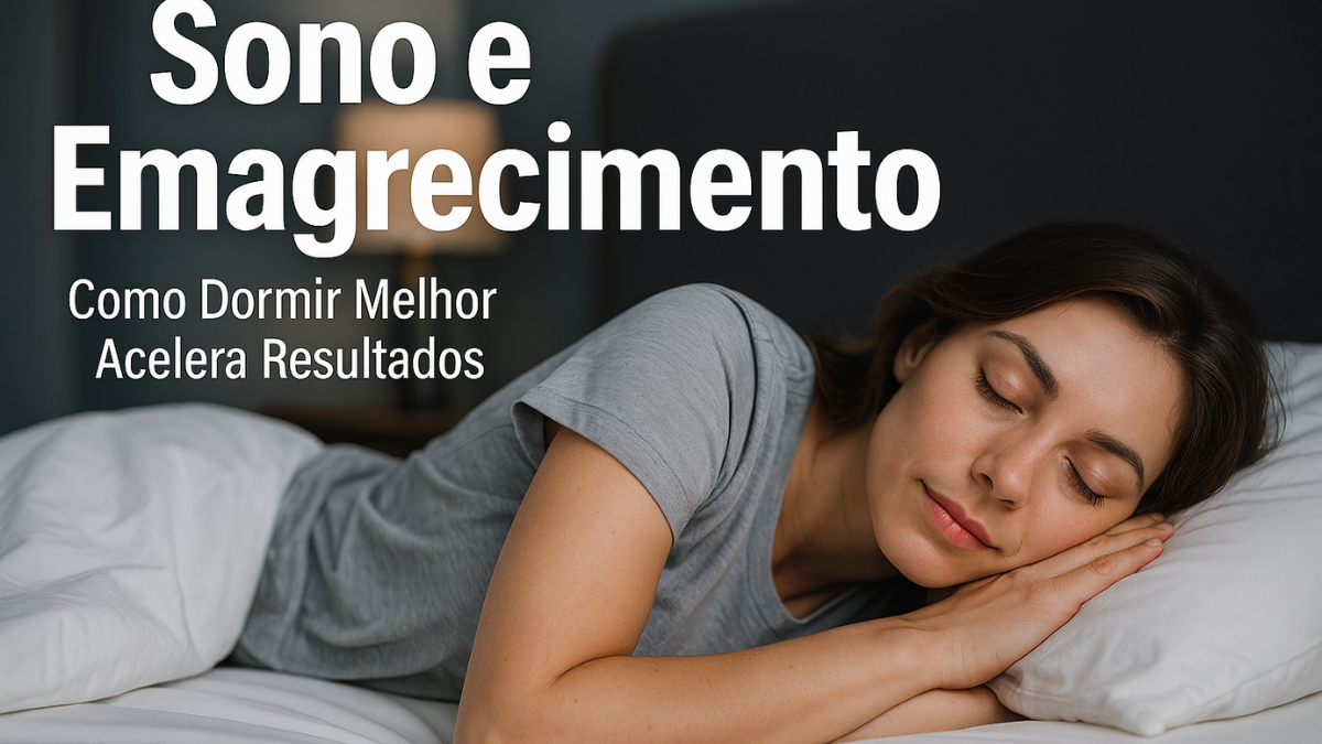 Mulher dormindo tranquilamente em cama branca, com título “Sono e Emagrecimento: Como Dormir Melhor Acelera Resultados” ao fundo.