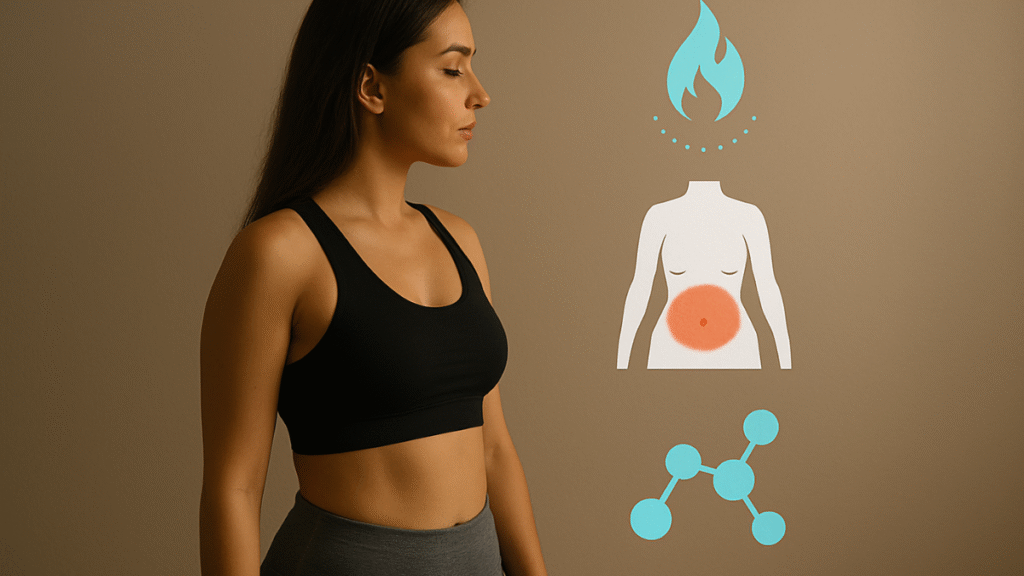 Mulher de perfil em roupa fitness ao lado de ilustrações representando gordura abdominal, metabolismo e queima de calorias.