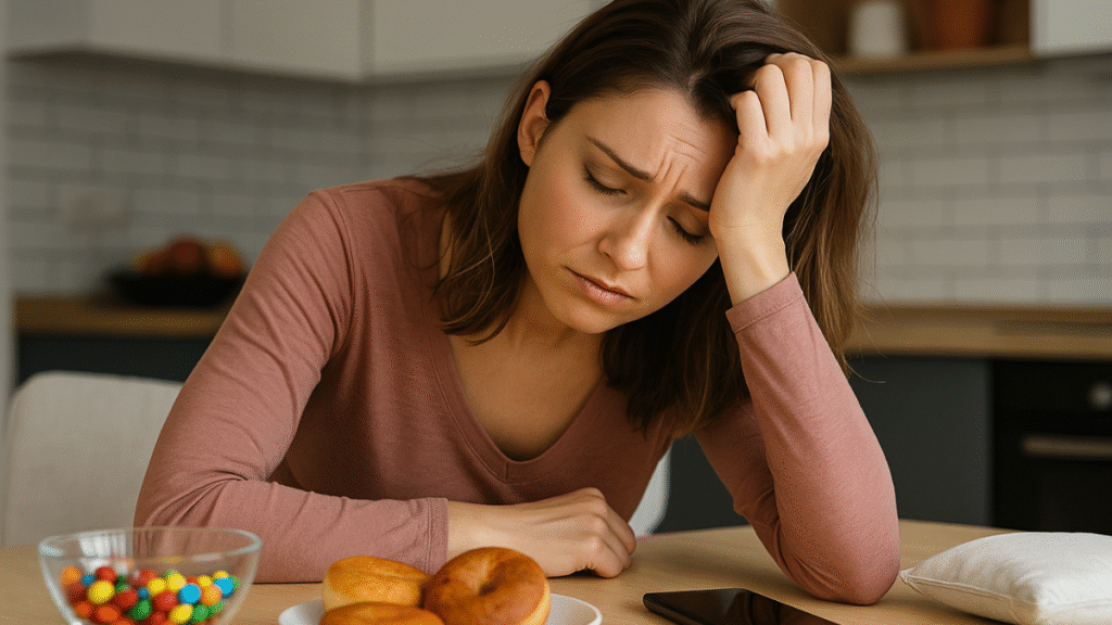 Mulher jovem com expressão de cansaço apoia a cabeça sobre a mão enquanto está sentada em uma cozinha, cercada por doces, rosquinhas e um celular sobre a mesa — representando sintomas comuns da glicose alta, como fadiga e compulsão alimentar.