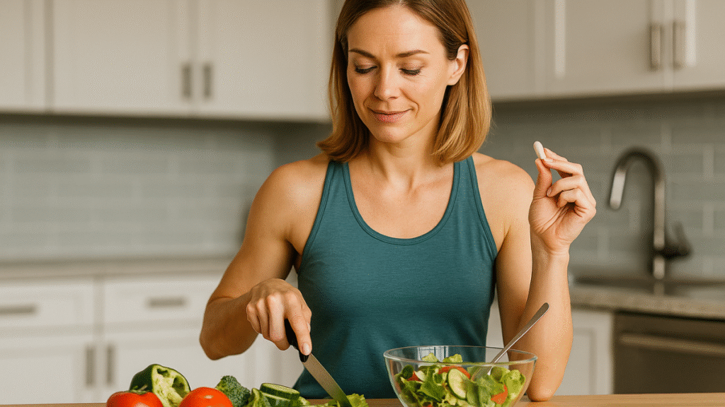 Mulher fitness de pele morena e cabelos presos prepara uma salada colorida em uma cozinha iluminada, representando escolhas alimentares saudáveis no controle natural da glicose.