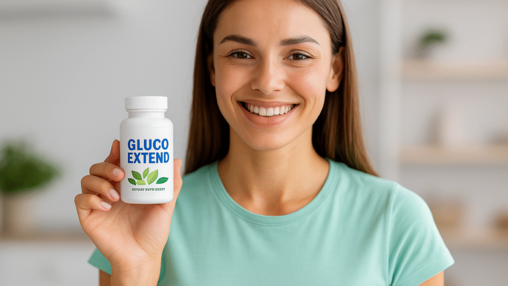 Mulher jovem e sorridente segura um frasco do suplemento Gluco Extend com destaque, em um ambiente claro e acolhedor, simbolizando saúde e confiança no controle natural da glicose.