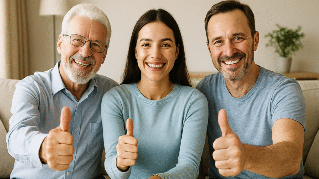 Três pessoas de idades diferentes — um idoso, uma jovem e um homem de meia-idade — sentados juntos em um sofá, sorrindo e mostrando sinal de positivo, simbolizando confiança e satisfação com os resultados no controle da glicose naturalmente.