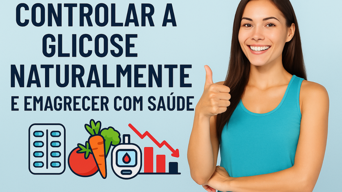 Mulher sorridente dando joinha ao lado da frase “Controlar a Glicose Naturalmente e Emagrecer com Saúde”, acompanhada de ícones de cápsulas, vegetais e um monitor de glicemia com gráfico em queda.
