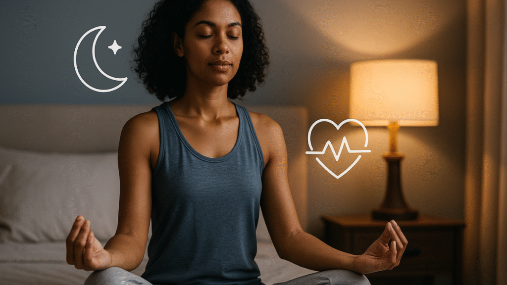 Mulher meditando antes de dormir simboliza o equilíbrio entre sono e metabolismo.