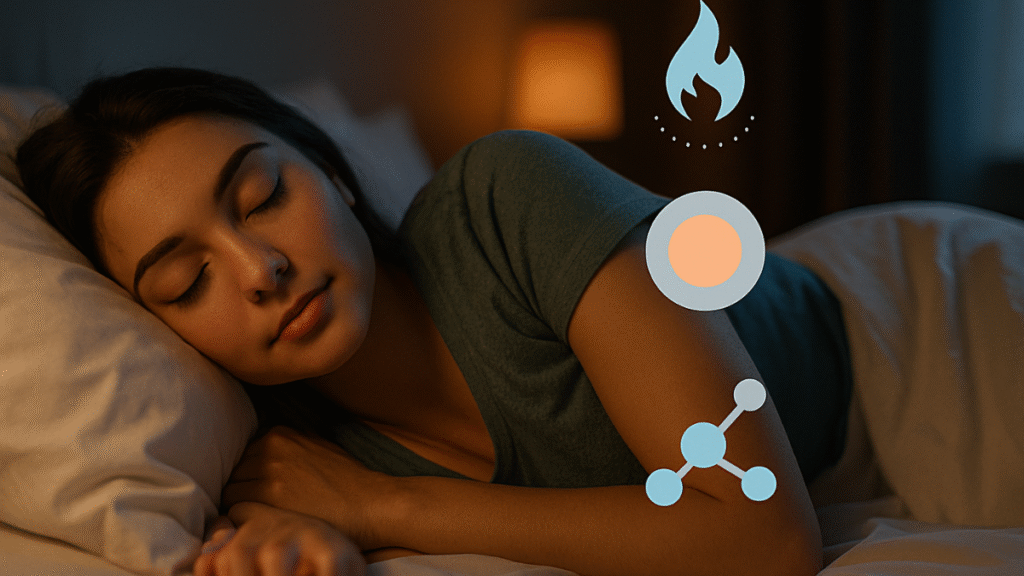 Mulher dormindo tranquilamente em ambiente escuro, com iluminação suave e ícones digitais de metabolismo ao lado.