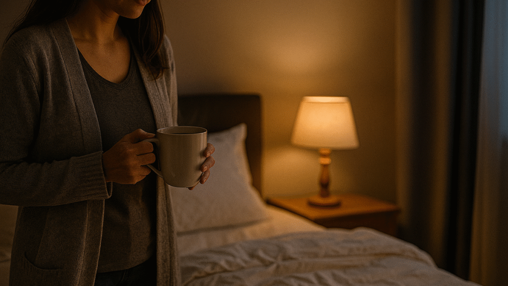 Mulher segurando uma xícara de chá à noite, próxima à cama arrumada com iluminação suave e ambiente acolhedor.
