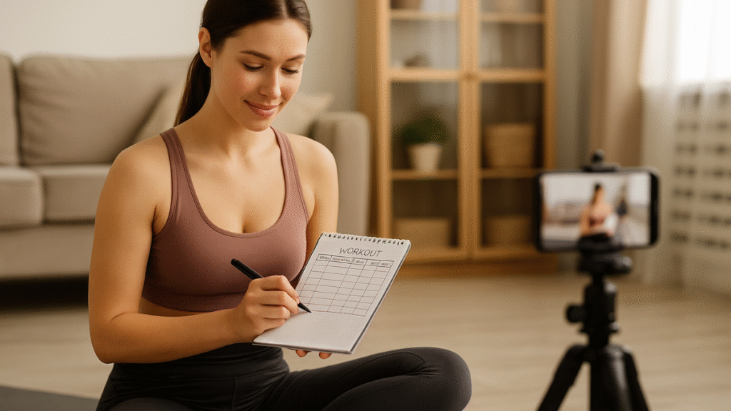 Mulher sentada em tapete de yoga anotando treino em caderno durante sessão de exercícios em casa.