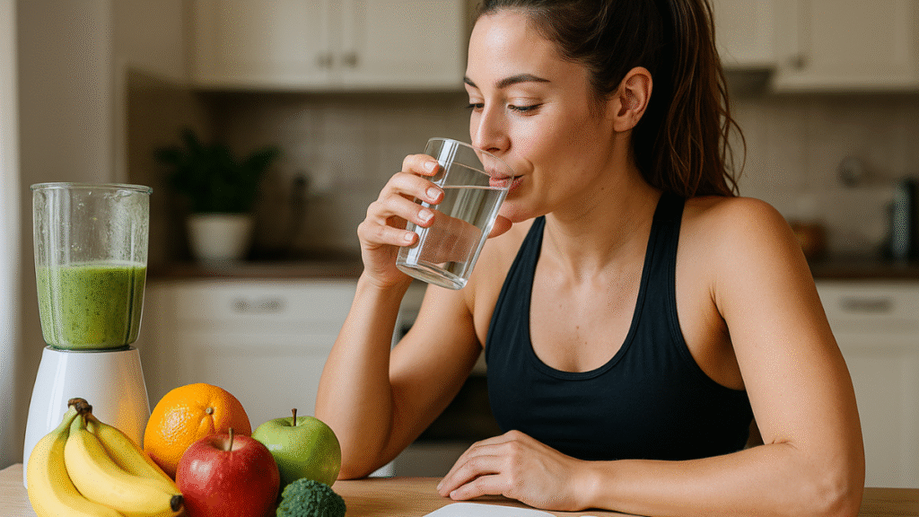 Mulher bebendo água em cozinha com frutas e smoothie ao lado, cuidando da hidratação e alimentação.