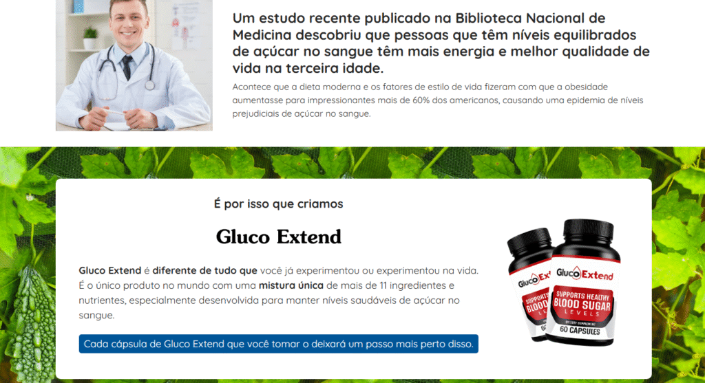 Dois frascos do suplemento Gluco Extend com o rótulo “Supports Healthy Blood Sugar Levels”, posicionados sobre fundo verde com folhas naturais, representando o controle saudável da glicose no sangue.