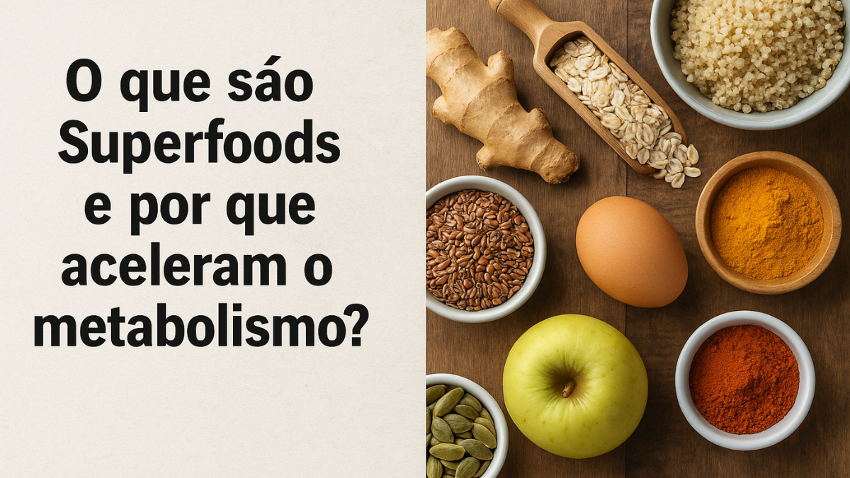 Ilustração realista de 9 superalimentos naturais acessíveis no Brasil que ajudam a acelerar o metabolismo