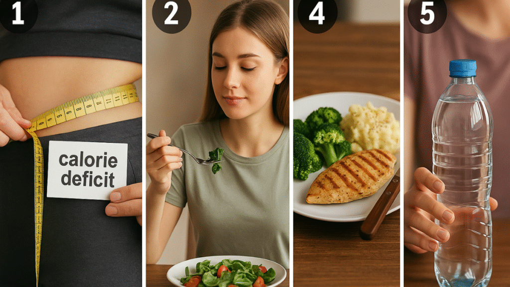 Cinco imagens sequenciais mostrando ações práticas para perder barriga: medir cintura, comer devagar, refeições leves e hidratação