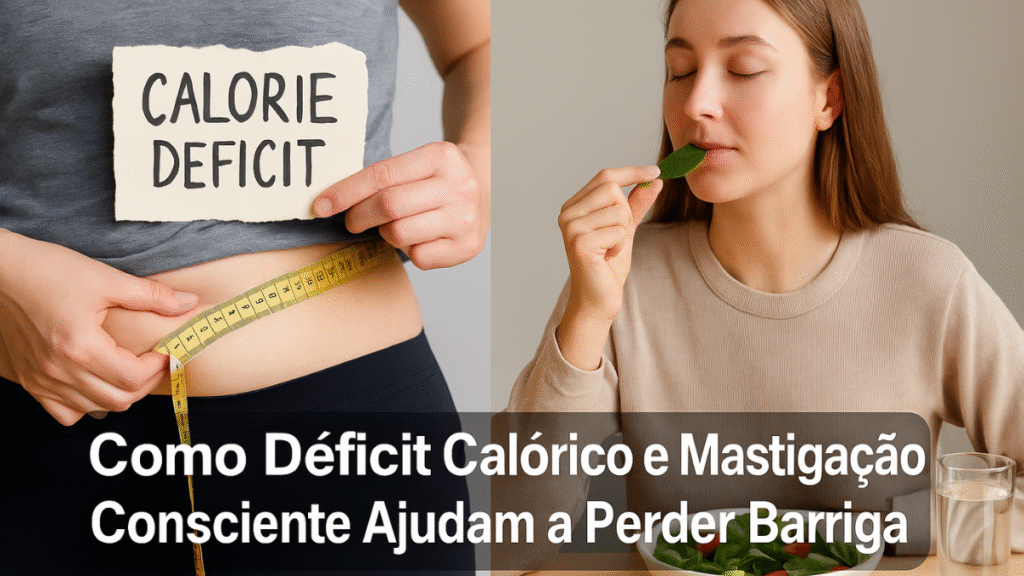 Divisão de imagem mostra déficit calórico com fita métrica na cintura e mulher comendo salada de forma consciente
