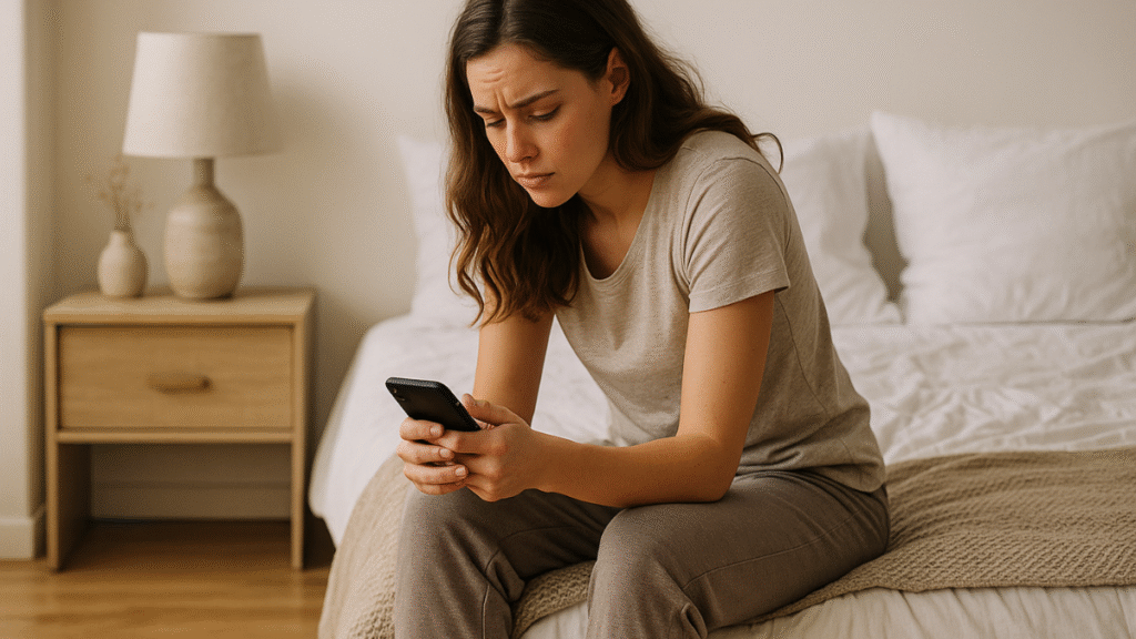 Mulher sentada na cama olhando para o celular com expressão preocupada, simbolizando excesso de redes sociais pela manhã