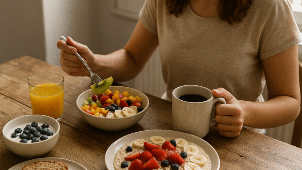 Mulher tomando café da manhã com frutas, aveia, iogurte e café em mesa de madeira rústica
