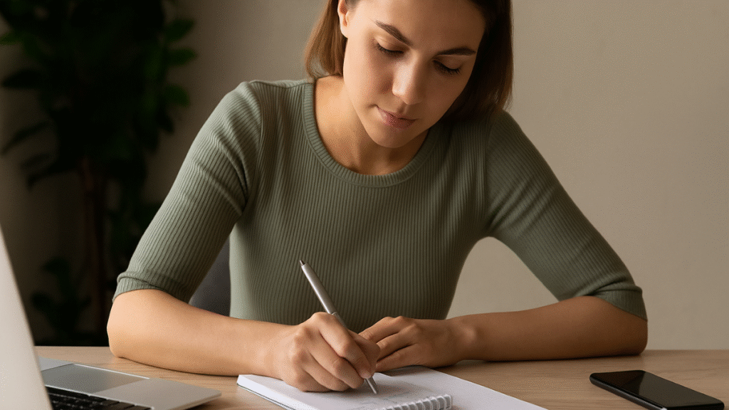 Mulher concentrada escrevendo suas metas do dia em caderno sobre mesa de trabalho