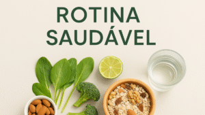 Ingredientes naturais como aveia, espinafre, limão e água representando uma rotina saudável pela manhã
