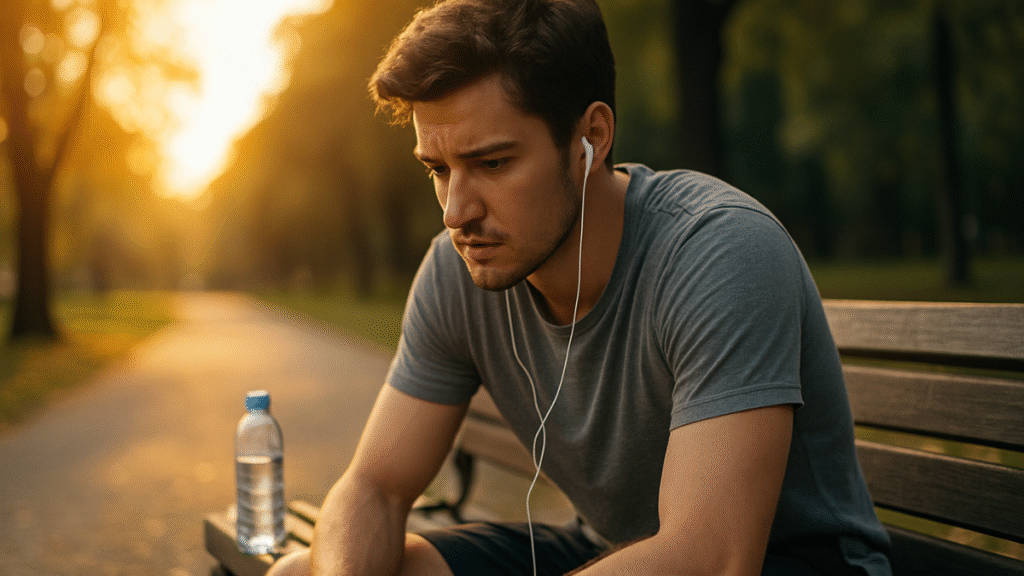 Jovem magro refletindo após corrida leve ao ar livre