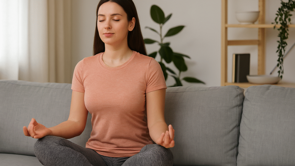 Mulher em posição de meditação ao ar livre em manhã tranquila