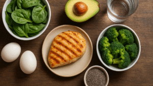 Imagem com alimentos saudáveis como espinafre, ovos, frango grelhado, abacate, brócolis, chia e água sobre mesa de madeira