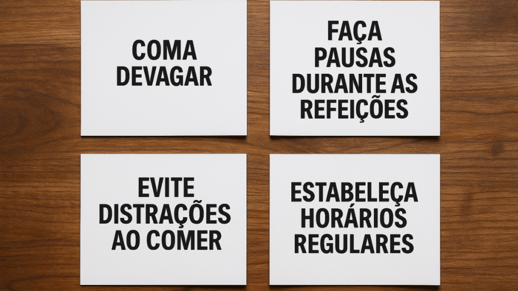 Cartões brancos com frases motivacionais como “coma devagar” e “evite distrações ao comer” sobre mesa de madeira