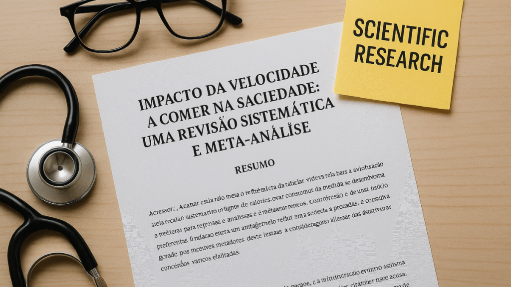 Artigo científico com título em português sobre mastigação e saciedade, com óculos, estetoscópio e anotação “Scientific Research”