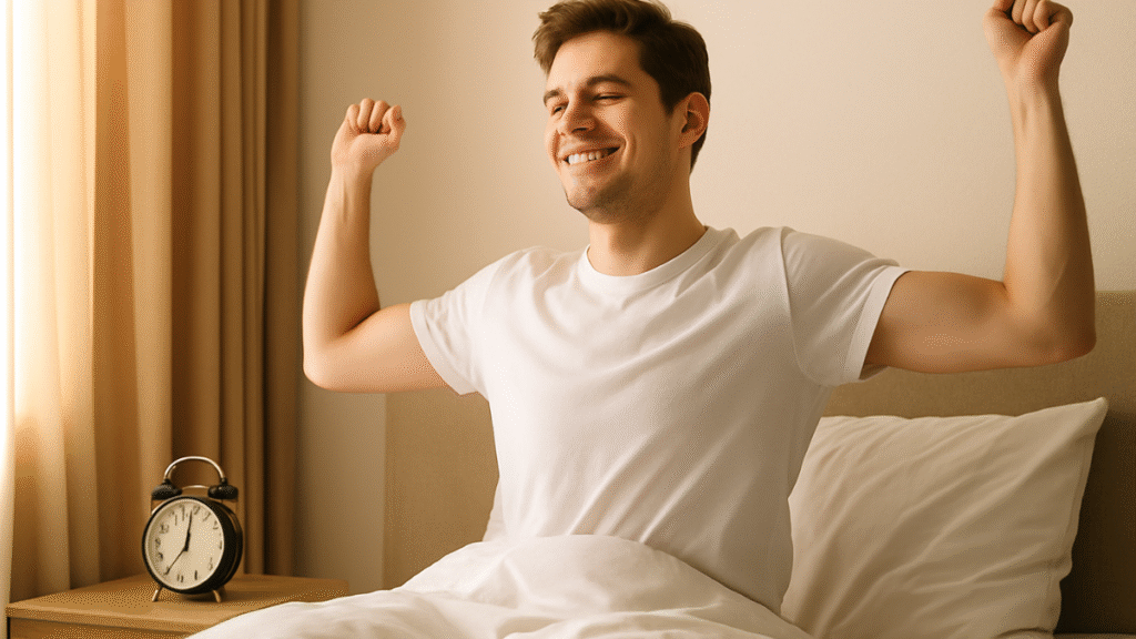 Homem sorridente se espreguiçando na cama ao acordar às 7h, representando hábitos matinais saudáveis