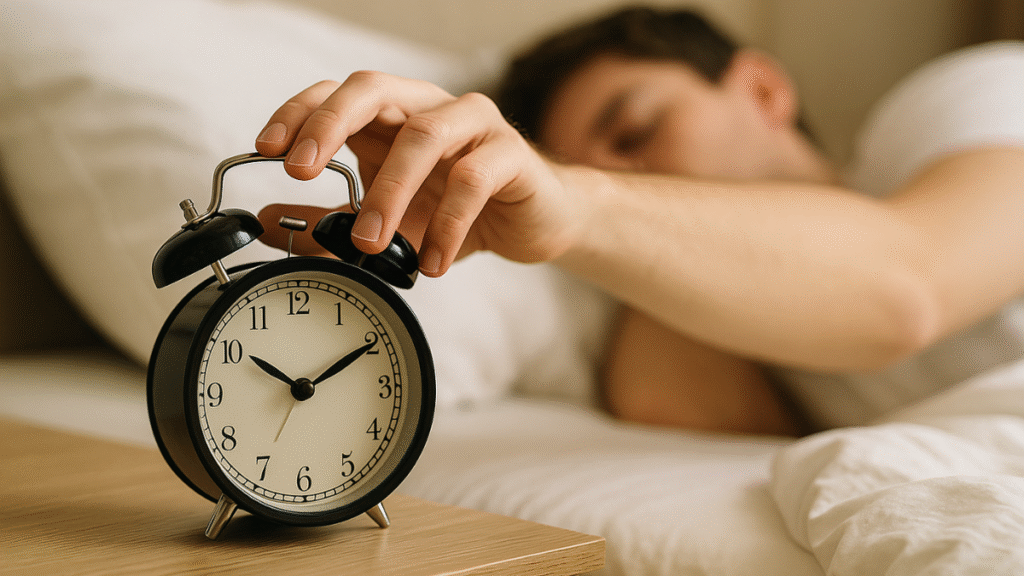 Mão tocando despertador antigo às 6h30 da manhã com figura sonolenta ao fundo, simbolizando o hábito de evitar o botão soneca