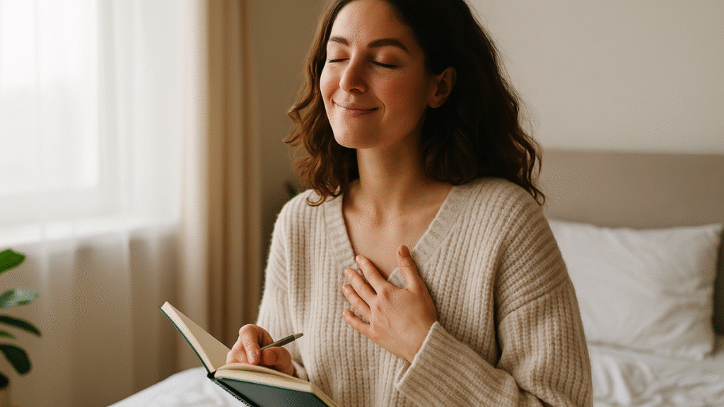 Mulher sorrindo com os olhos fechados enquanto escreve em um caderno de gratidão pela manhã