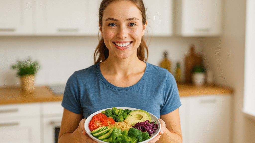 Mulher sorridente segura prato com vegetais frescos e saudáveis em cozinha clara e moderna.