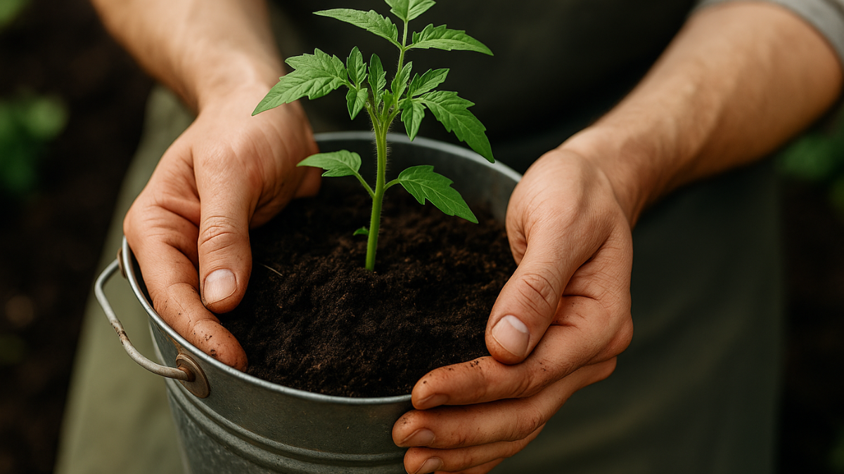 Mãos humanas segurando um balde metálico com terra escura e uma muda de tomate saudável, em um ambiente de jardim ao ar livre. A cena representa o início de uma horta caseira no estilo da jardinagem orgânica em casa, com foco em cultivo natural, sustentabilidade e alimentos frescos.