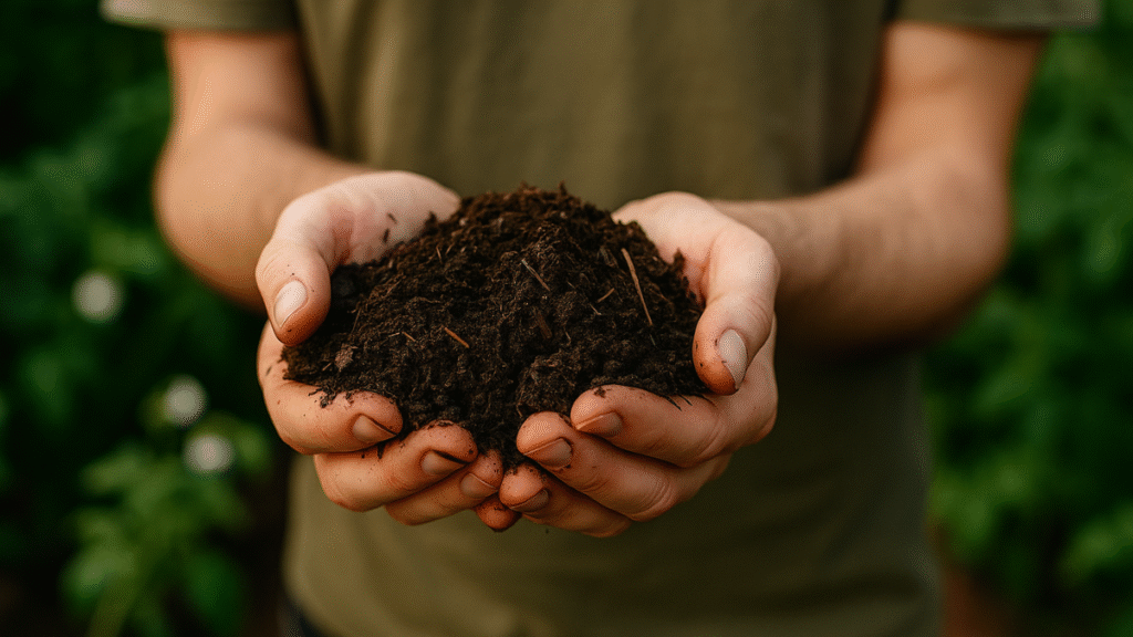 Duas mãos mexendo em solo orgânico escuro com húmus e folhas secas, dentro de uma caixa de cultivo, representando a preparação da terra para jardinagem orgânica.