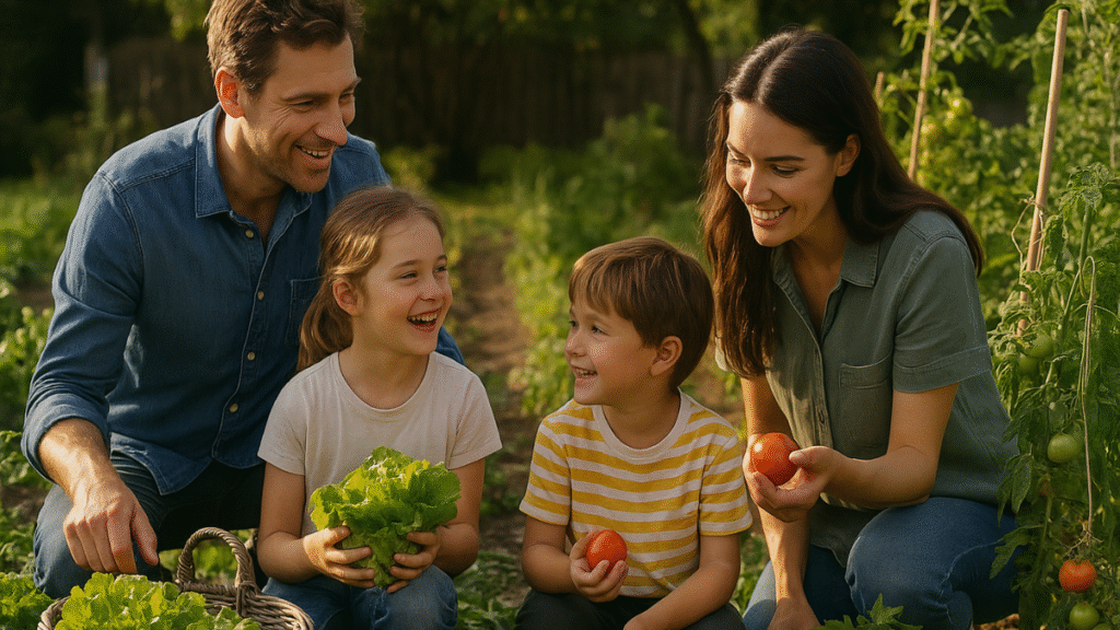 Família de quatro pessoas colhendo vegetais frescos em uma horta doméstica, sorrindo e interagindo entre si ao redor das plantas, em um ambiente ensolarado.