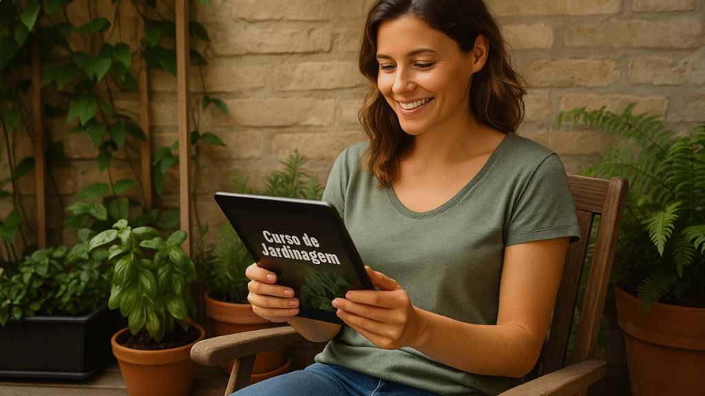 Mulher jovem com pele clara sentada à mesa ao ar livre, sorrindo enquanto consulta um tablet com instruções de jardinagem, cercada por vasos de plantas.