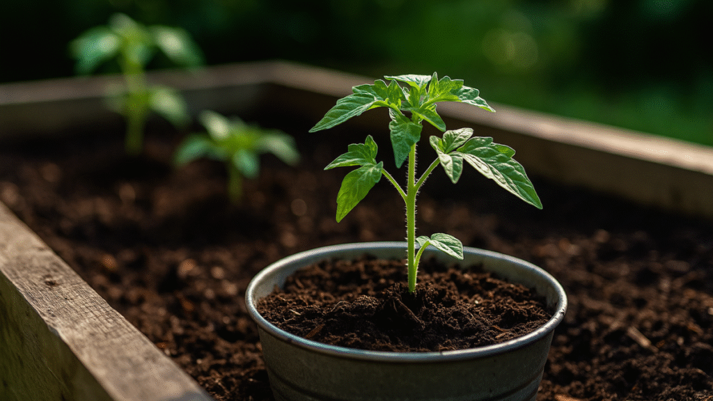 Mudas jovens crescendo em uma horta elevada durante o dia, com etiquetas marcando as fases do cultivo e iluminação natural destacando o solo úmido.