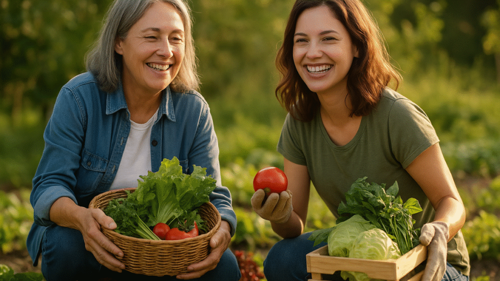 Duas mulheres sorridentes colhendo hortaliças frescas em um jardim ensolarado; uma segura uma cesta com alface e tomates, e a outra adiciona vegetais em uma caixa de madeira.