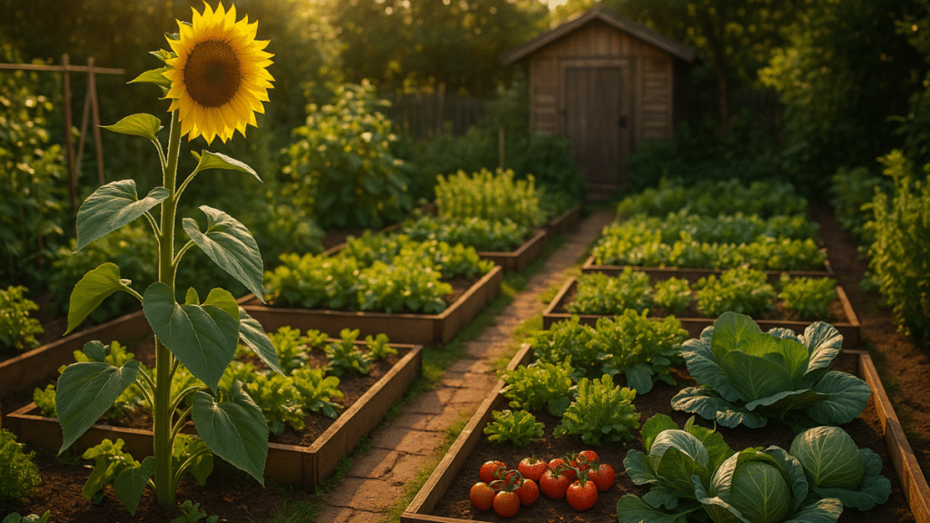 Horta orgânica ensolarada com canteiros elevados cheios de alface, repolhos e tomates, ao lado de um girassol alto e um caminho de tijolos que leva a um galpão de madeira.