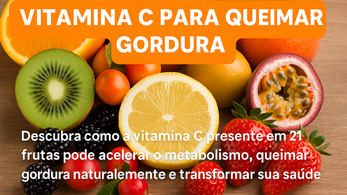 Frutas frescas ricas em vitamina C sobre superfície de madeira com destaque para kiwi, laranja, limão, acerola e maracujá, representando alimentos que ajudam a queimar gordura naturalmente.