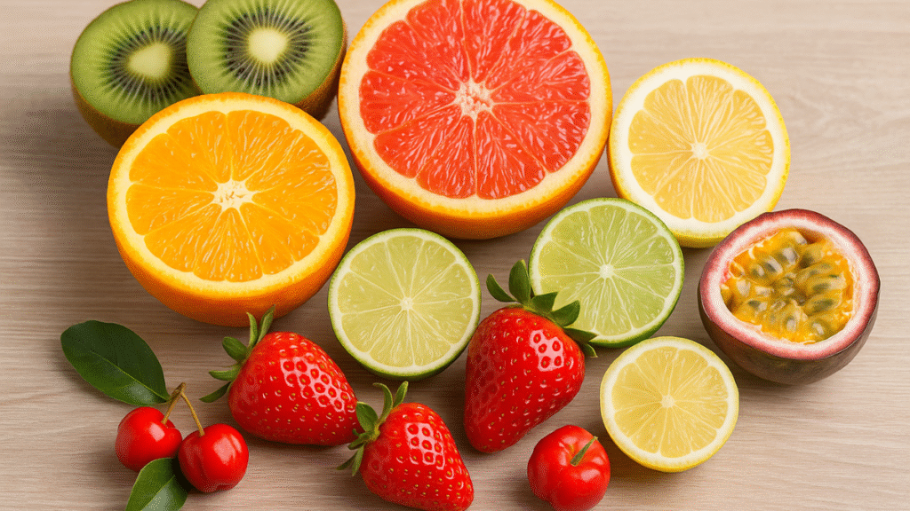 Frutas cítricas e tropicais ricas em vitamina C dispostas sobre uma mesa de madeira clara, incluindo kiwi, morango, limão, laranja e maracujá.