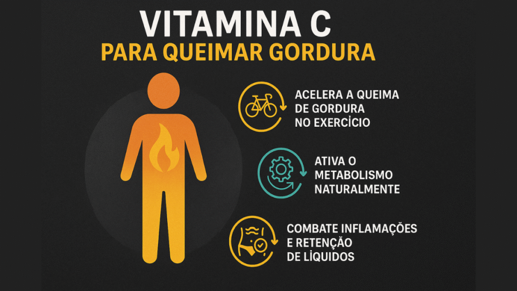 Infográfico ilustrando os três benefícios da vitamina C para queimar gordura: aceleração da queima durante exercícios, ativação do metabolismo e combate à retenção de líquidos.
